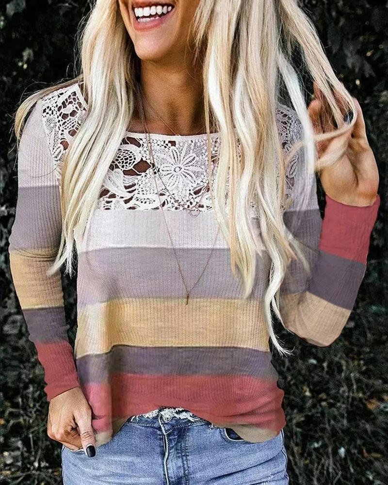 Striped Contrast Lace Long Sleeve Top
