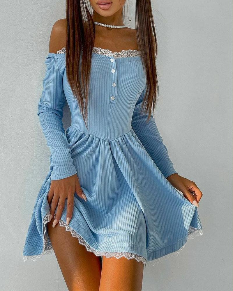 Off Shoulder Ribbed Buttoned Lace Patch Dress