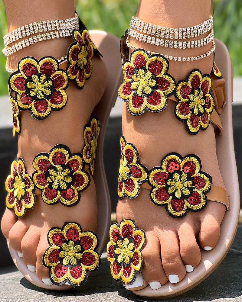 Floral Pattern Toe Ring Beach Sandals