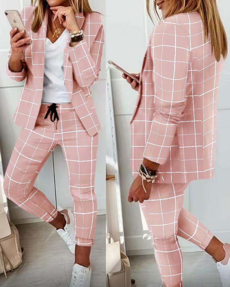 blazer set Plaid Print Blazer & Drawstring Pants Set