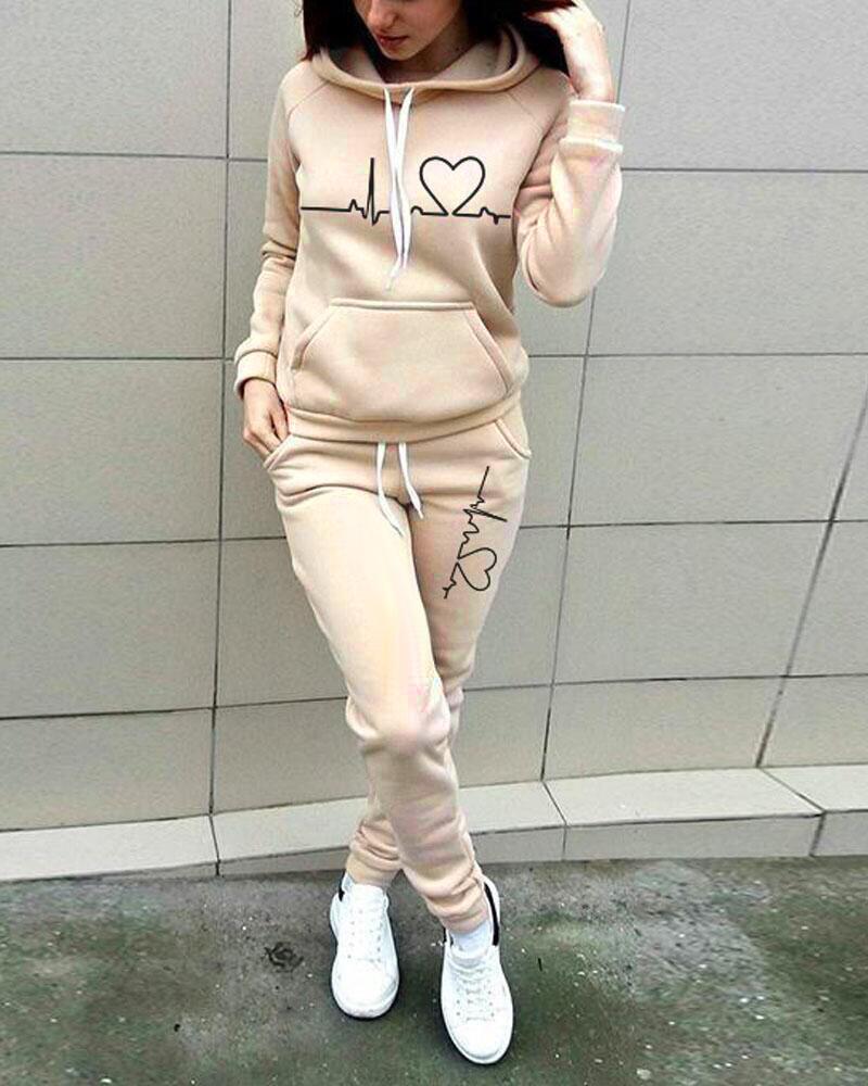 Heart Print Drawstring Hoodie & Sweatpants Set