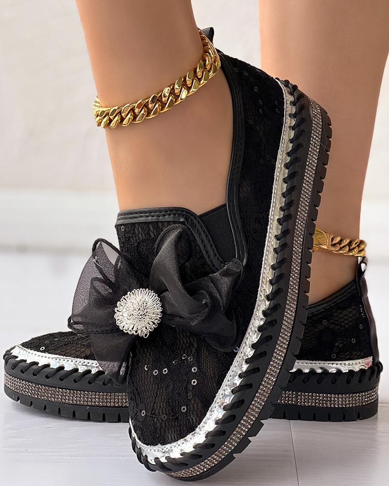 Contrast Sequin Breathable Bowknot Decor Loafers