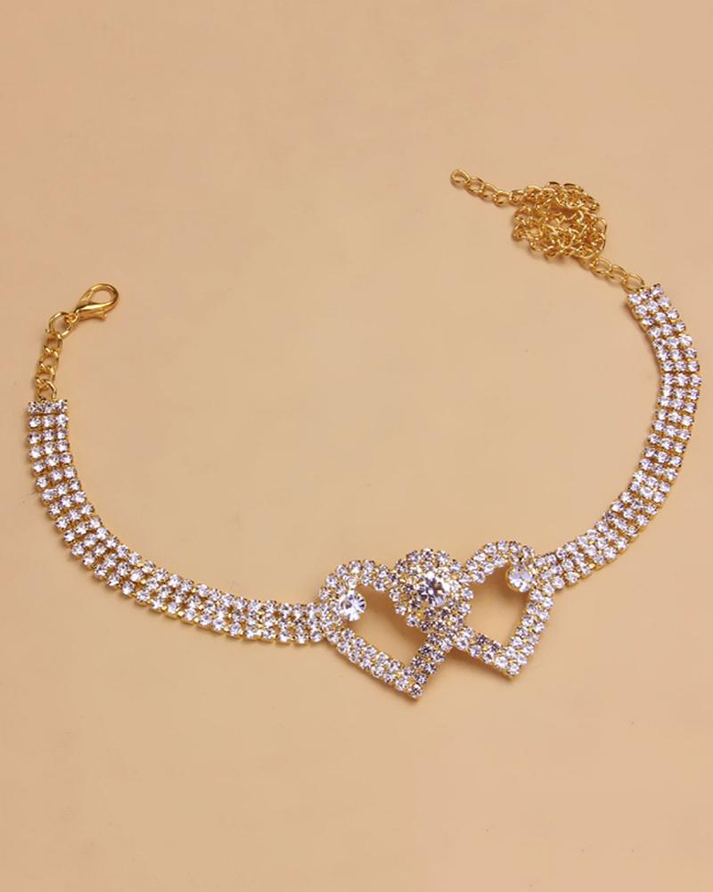 1pc Rhinestone Chain Double Heart Anklet