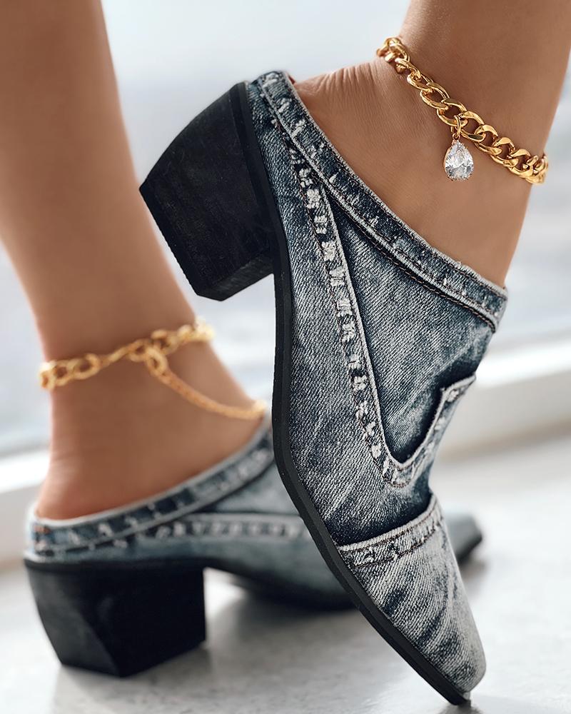 Chunky Heel Denim Mules