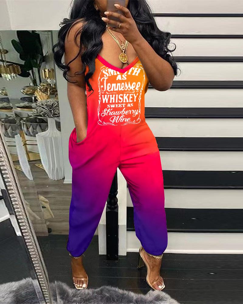 Smooth As Tennessee Whiskey Sweet As Strawberry Wine Ombre Print Spaghetti Strap Jumpsuit