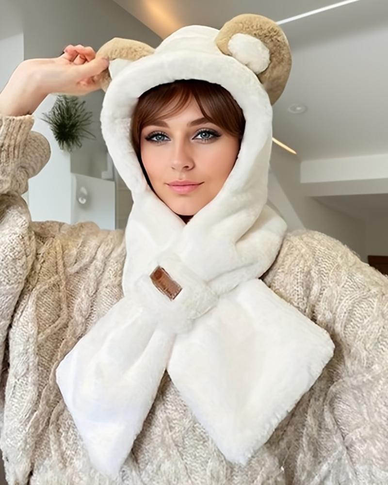 Fuzzy Winter Thermal Earmuffs One-Piece Scarf Hat With Bear Ears