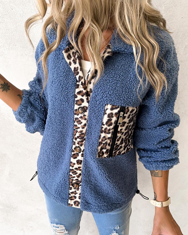 Leopard Print Patchwork Drawstring Teddy Coat