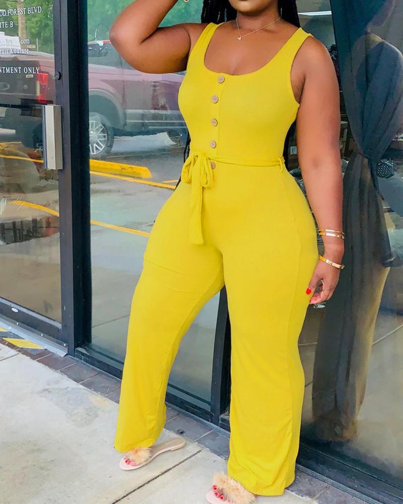 Button Decor Sleeveless U-Neck Belted Jumpsuit