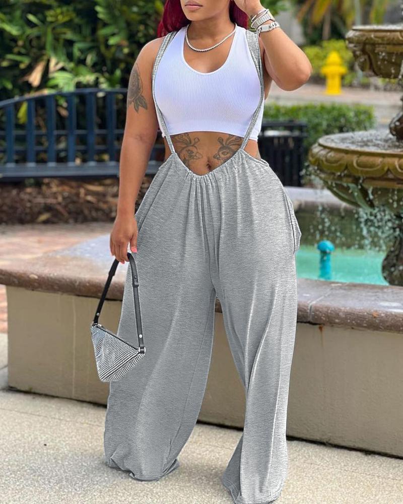 Plain Wide Leg Suspender Jumpsuit