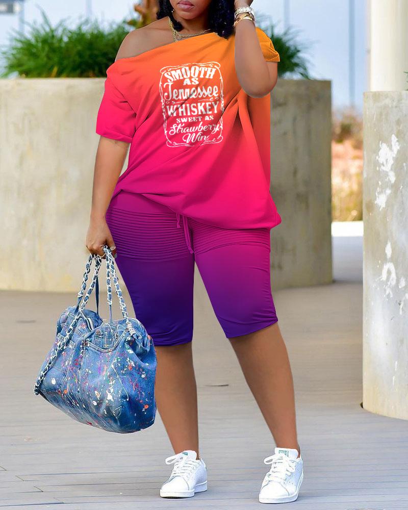 Smooth As Tennessee Whiskey Sweet As Strawberry Wine Print Ombre Skew Neck Top & Shorts Set