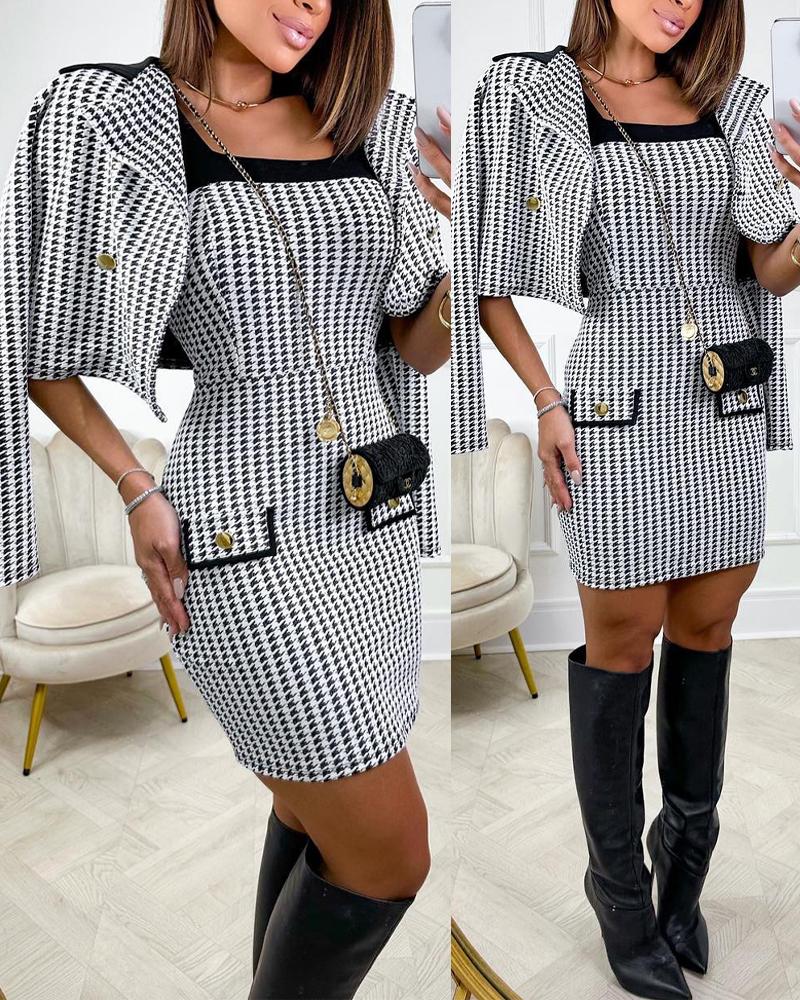 Houndstooth Print Colorblock Bodycon Dress & Blazer Coat Set