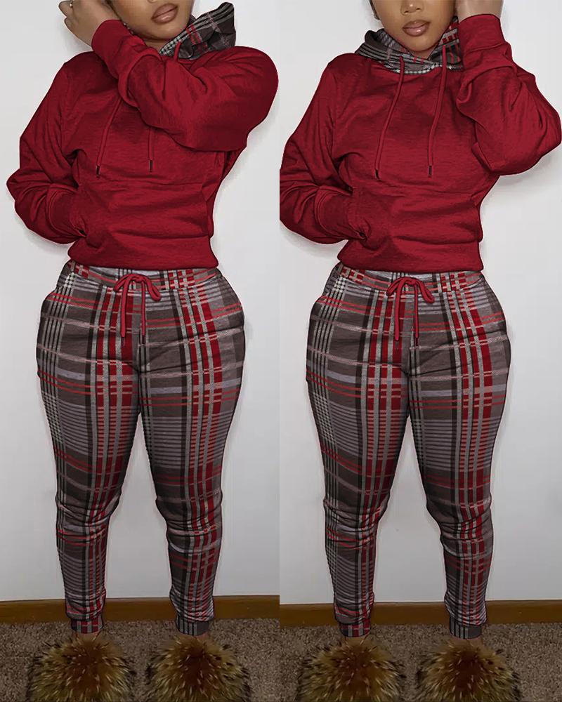 Plaid Print Long Sleeve Hoodie & Pants Set