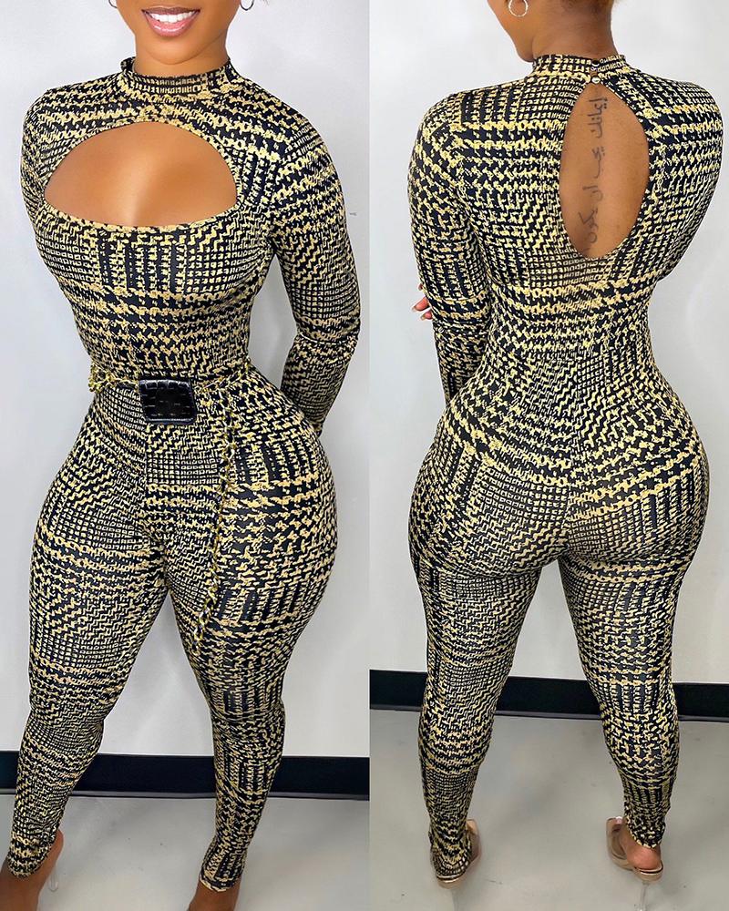 Houndstooth Print Cutout Long Sleeve Jumpsuit