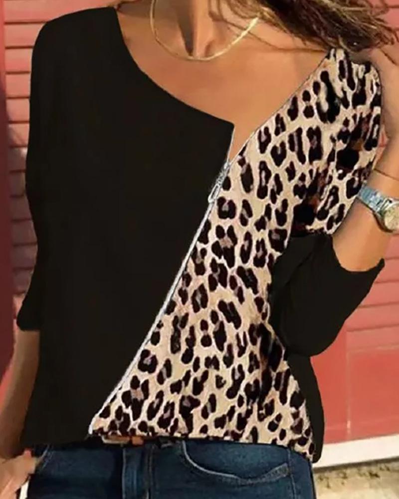 Cheetah Print Zipper Front Long Sleeve Casual Top