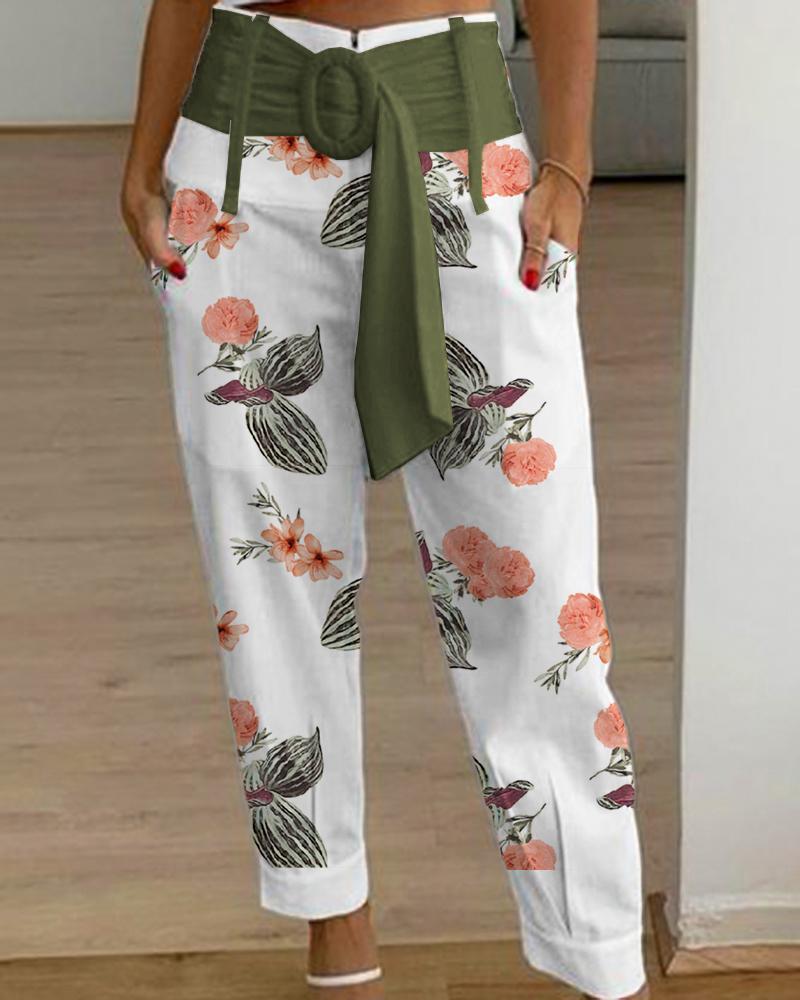 Tropical Print Belted Cuffed Pants