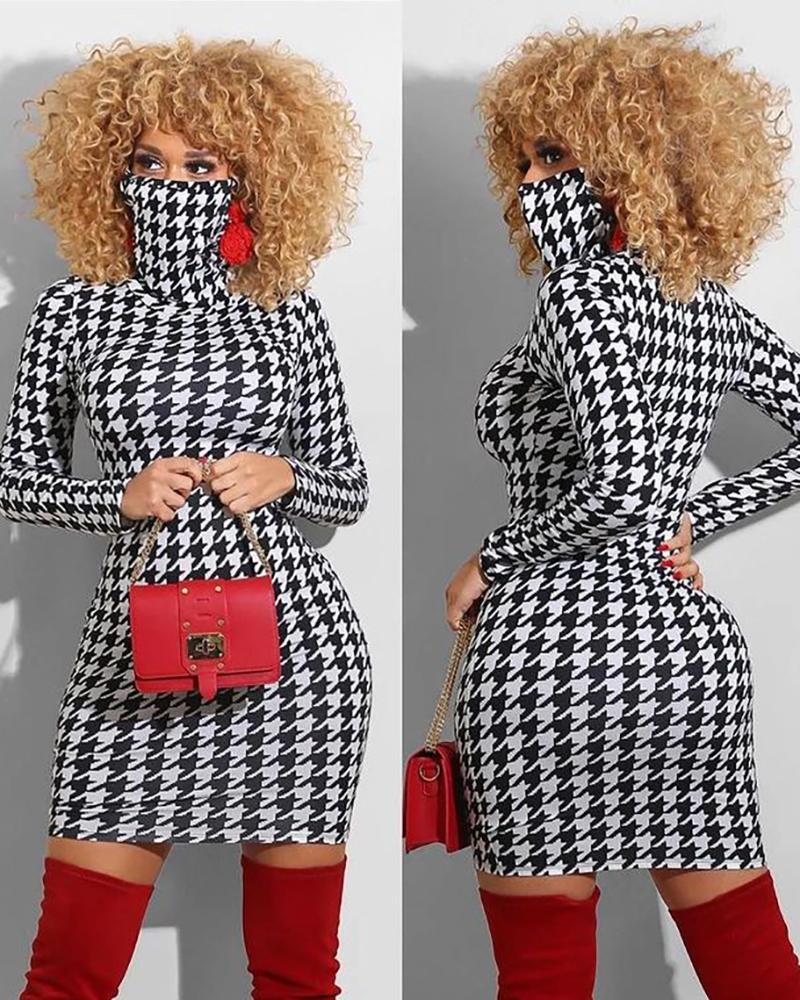 Houndstooth Print Long Sleeve Bodycon Dress With Face Mask