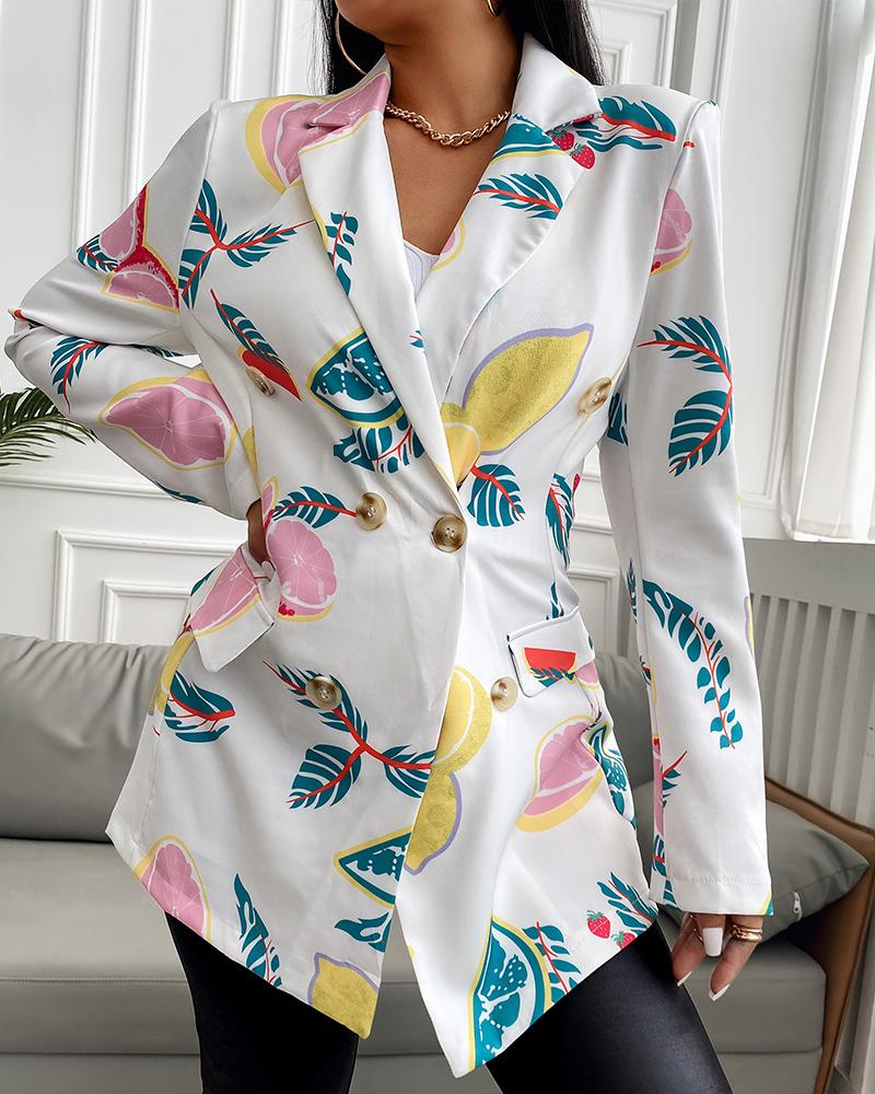 Fruit Print Long Sleeve Buttoned Blazer Dress