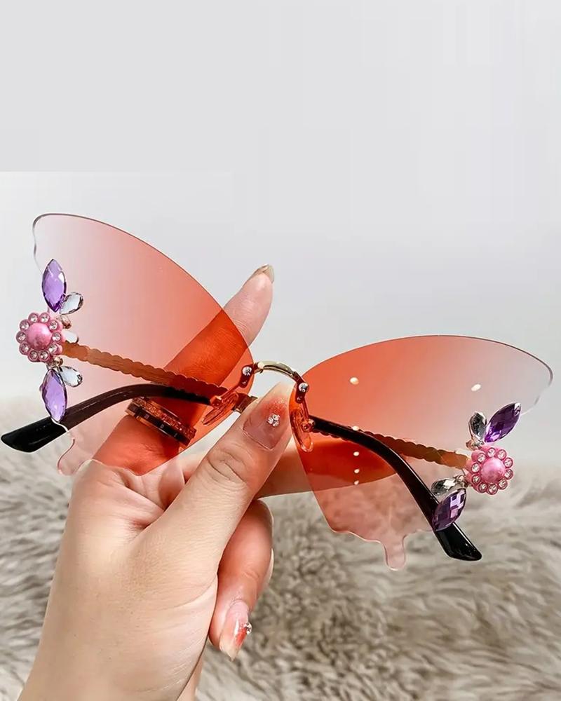 1Pair Rhinestone Butterfly Shaped Rimless Sunglasses