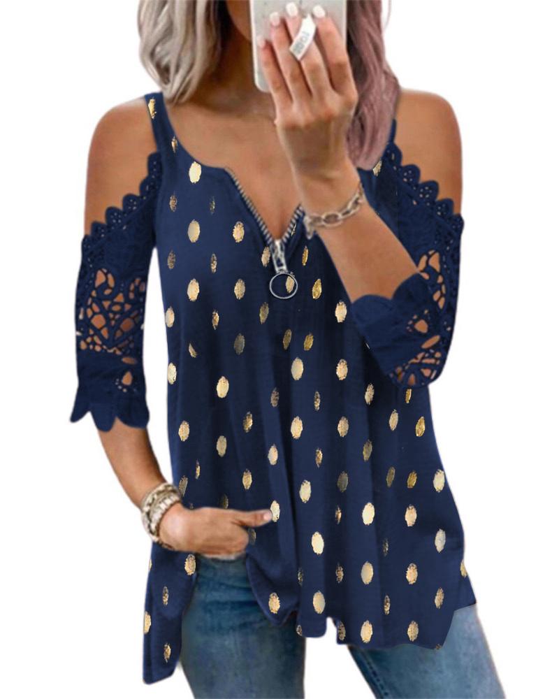 Metallic Polka Dot Contrast Lace Cold Shoulder Top