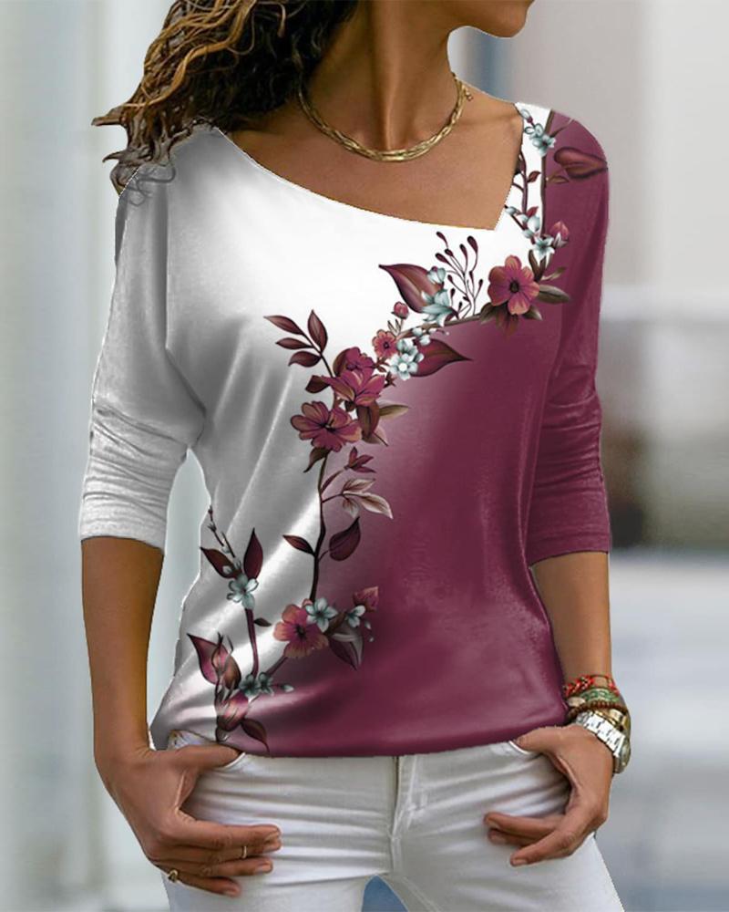 Floral Print Asymmetrical Neck Long Sleeve Top