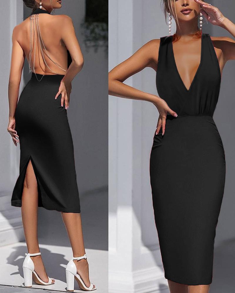 Solid V-Neck Open Back Split Bodycon Dress