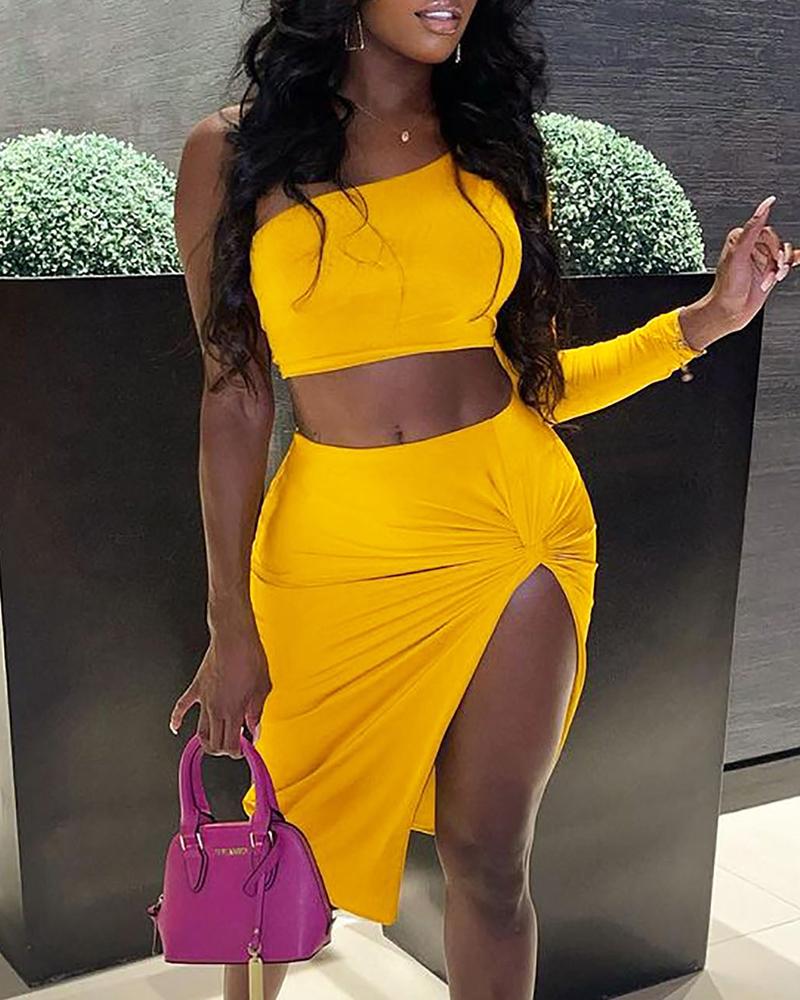 One Shoulder Crop Top & Twisted High Slit Skirt Set