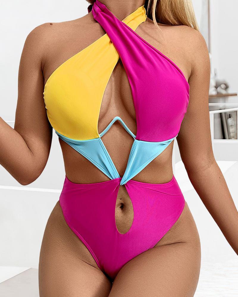  Colorblock Cutout Backless Halter One-Piece Swimsuit