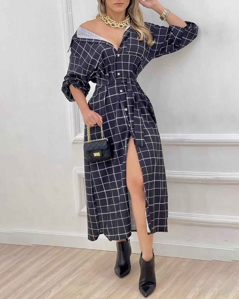 Plaid Print Button Design Shirt Dress