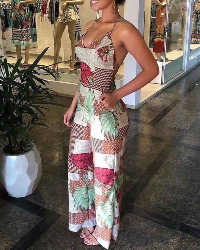 Tropical Print Spaghetti Strap Jumpsuit