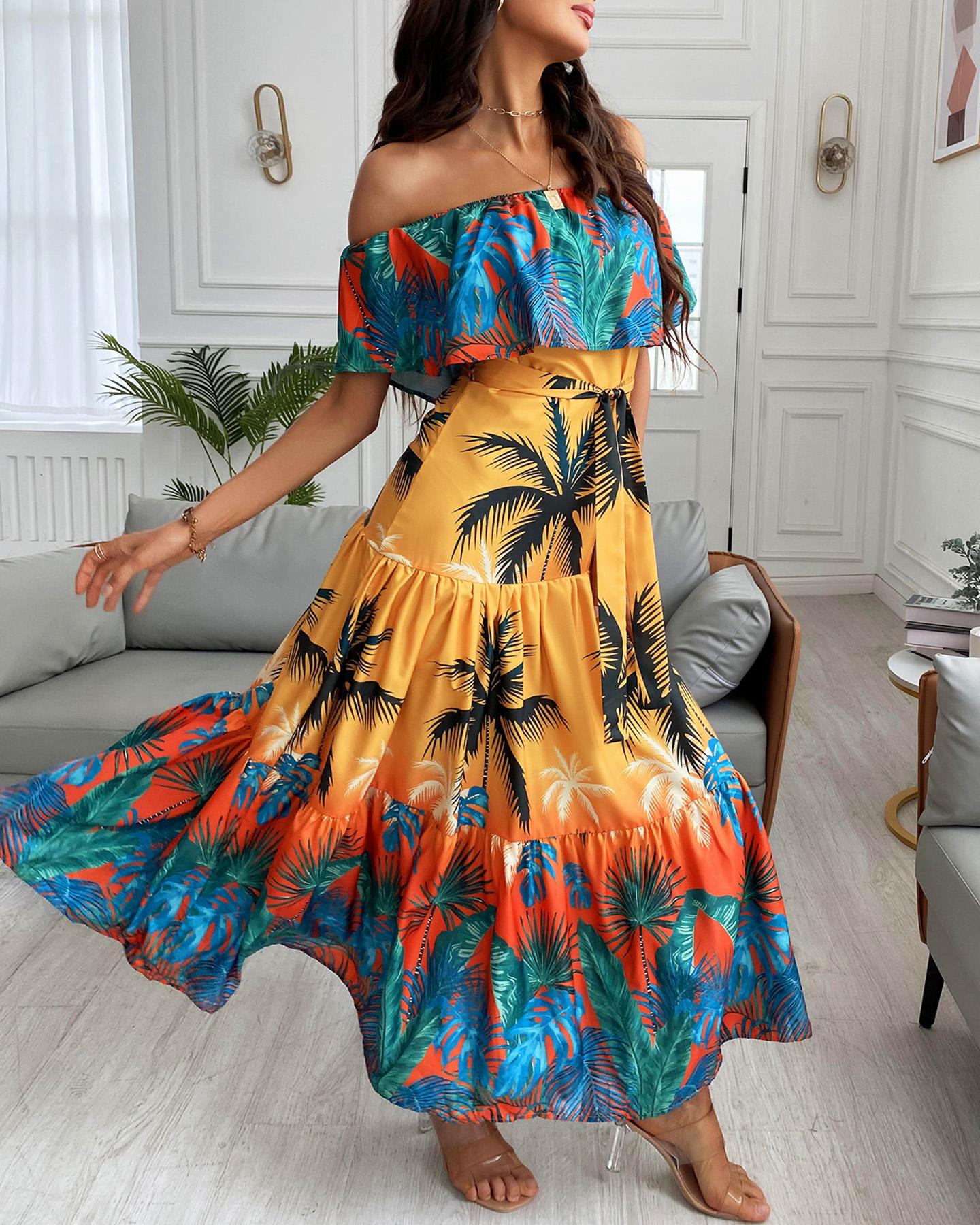 Off Shoulder Tropical Print Ruffles Maxi Dress With Belt