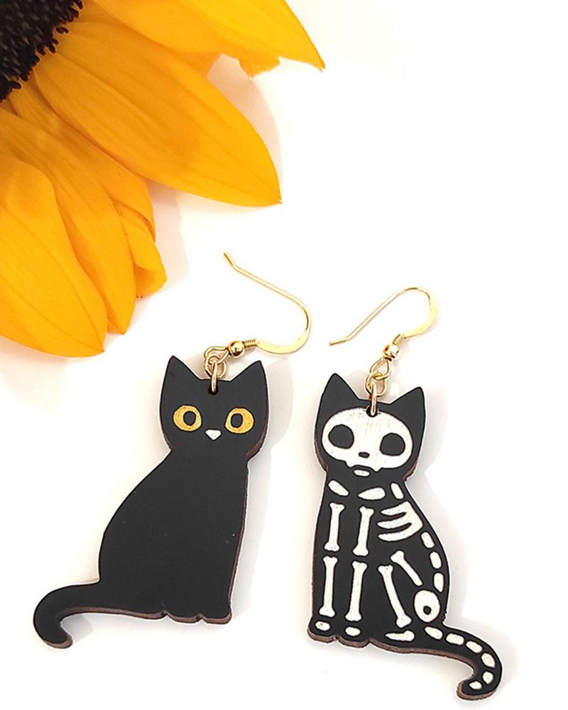 1Pair Halloween Skeleton Cat Wooden Drop Earrings