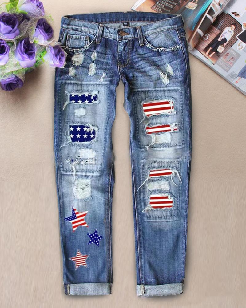 Independence Day Flag Print Patchwork Raw Hem Ripped Cutout Jeans