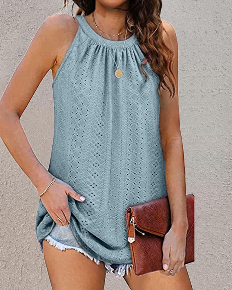 Eyelet Embroidery Ruched Casual Tank Top