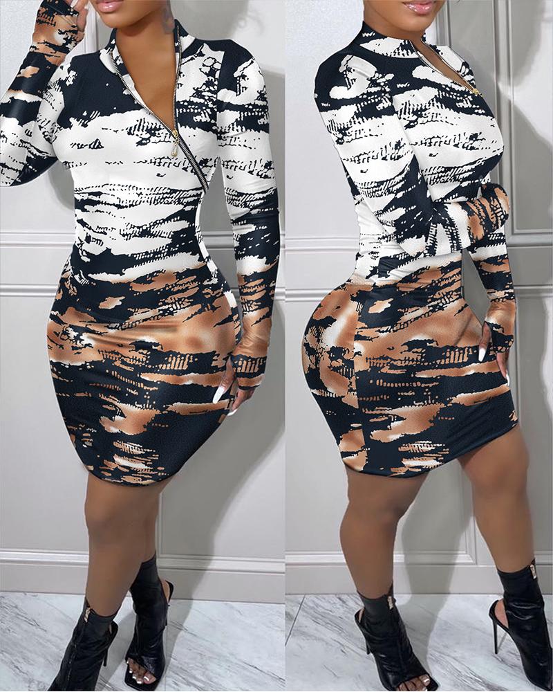 Tie Dye Print Zip Detail Long Sleeve Bodycon Dress