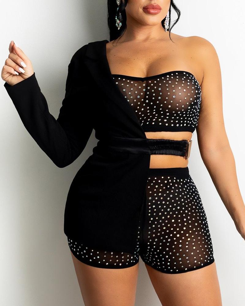 Studded Sheer Mesh Bandeau Top & Shorts Set With Asymmetrical Coat