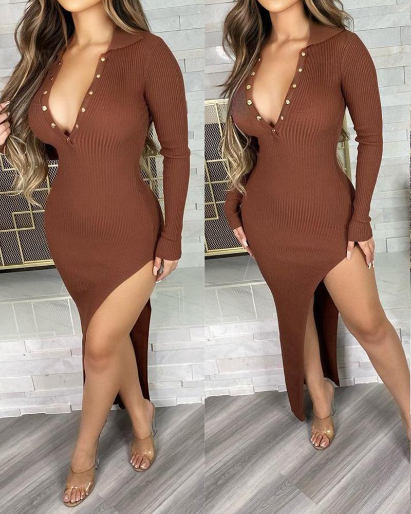 Knit Button Front Backless High Slit Dress