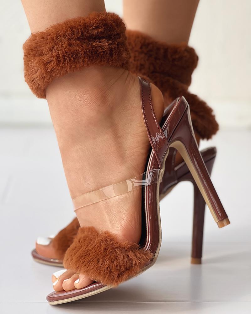 Heeled-Sandals Fuzzy Strap Slingback Stiletto Heels