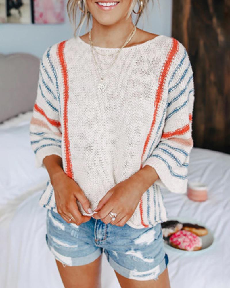 Colorblock Striped Knitted Long Bell Sleeve Sweater