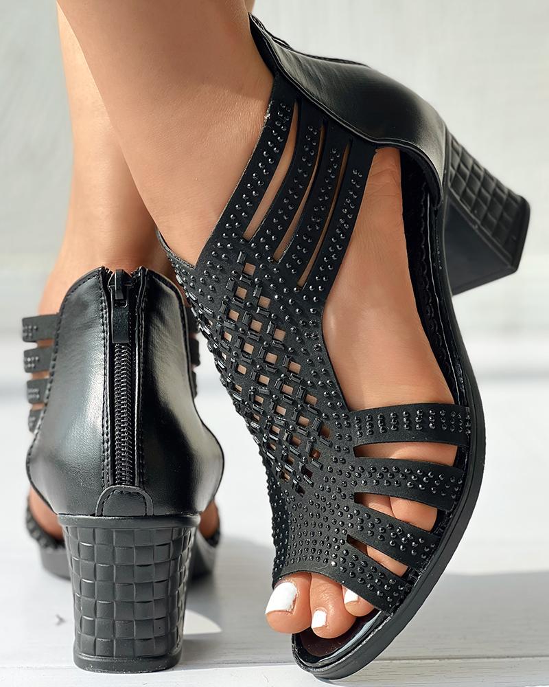 Hollow Out Rhinestone Chunky Heel Sandals