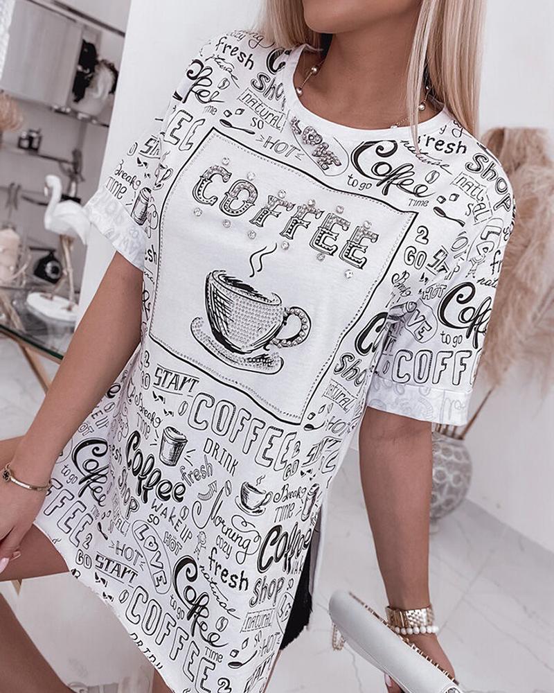 Letter Print Rhinestone Decor Slit T-shirt