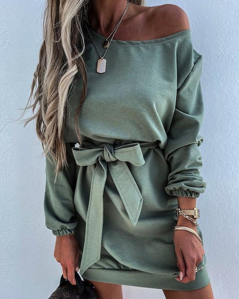 Long Sleeve Belted Casual Dress