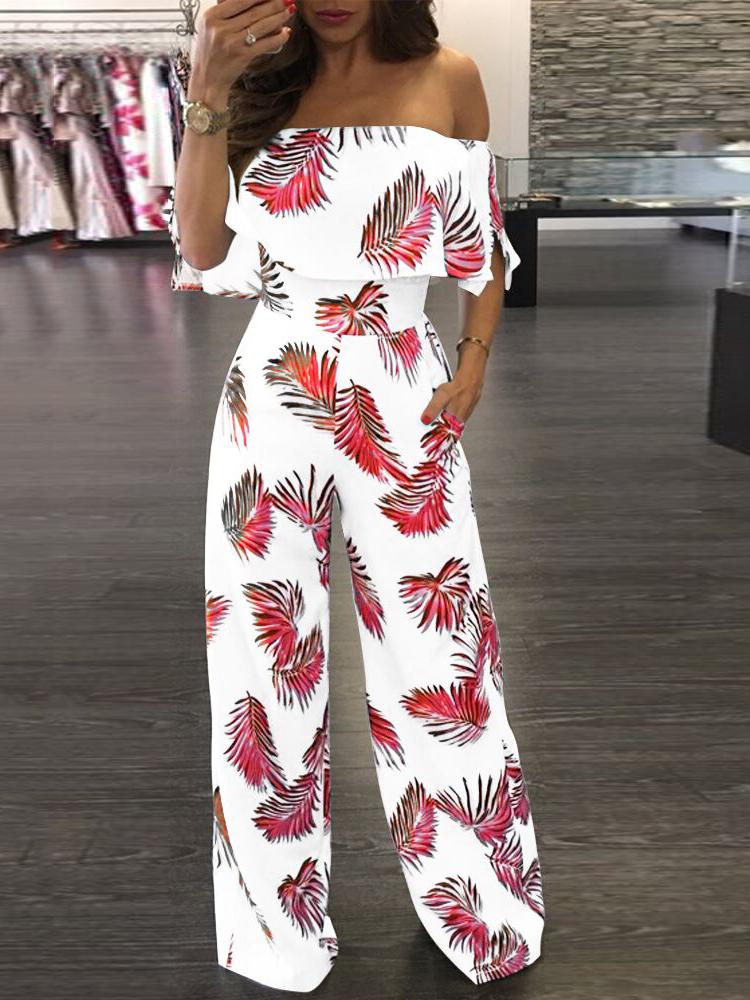 Fashion Print Frilled Off Shoulder Flared Jumpsuit