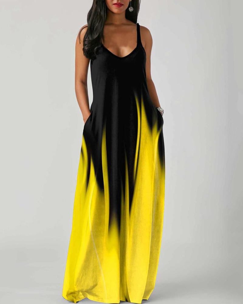 Abstract Print Colorblock Pocket Design Maxi Dress