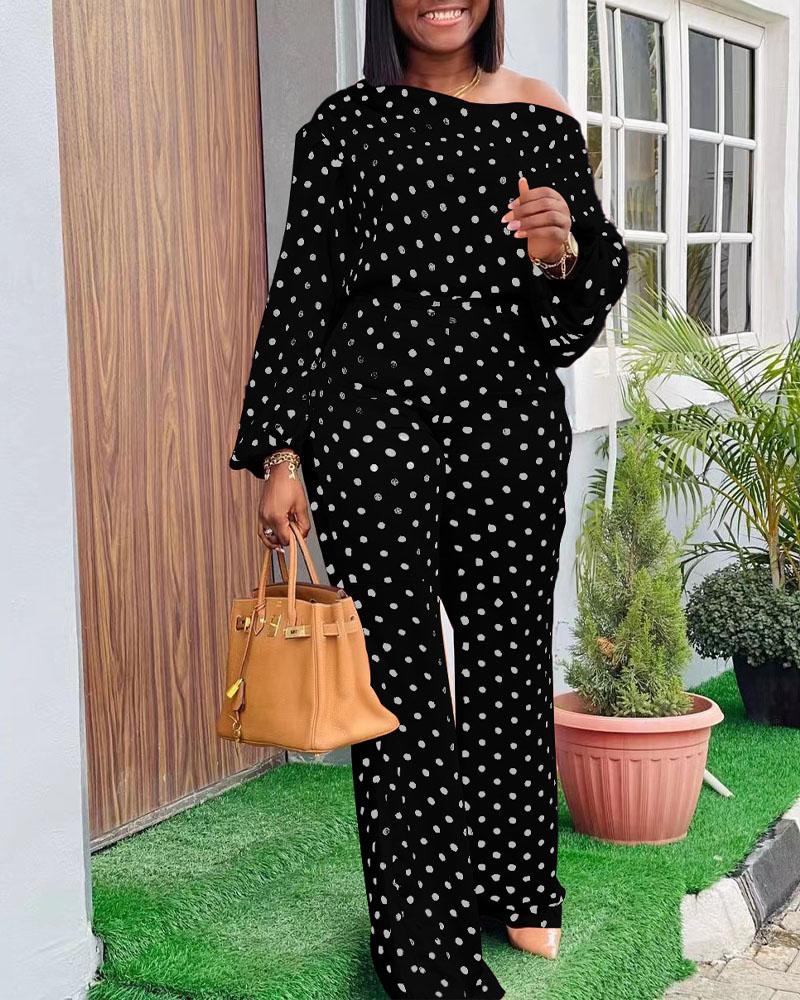 Polka Dot Print Lantern Sleeve Top & Pants Set