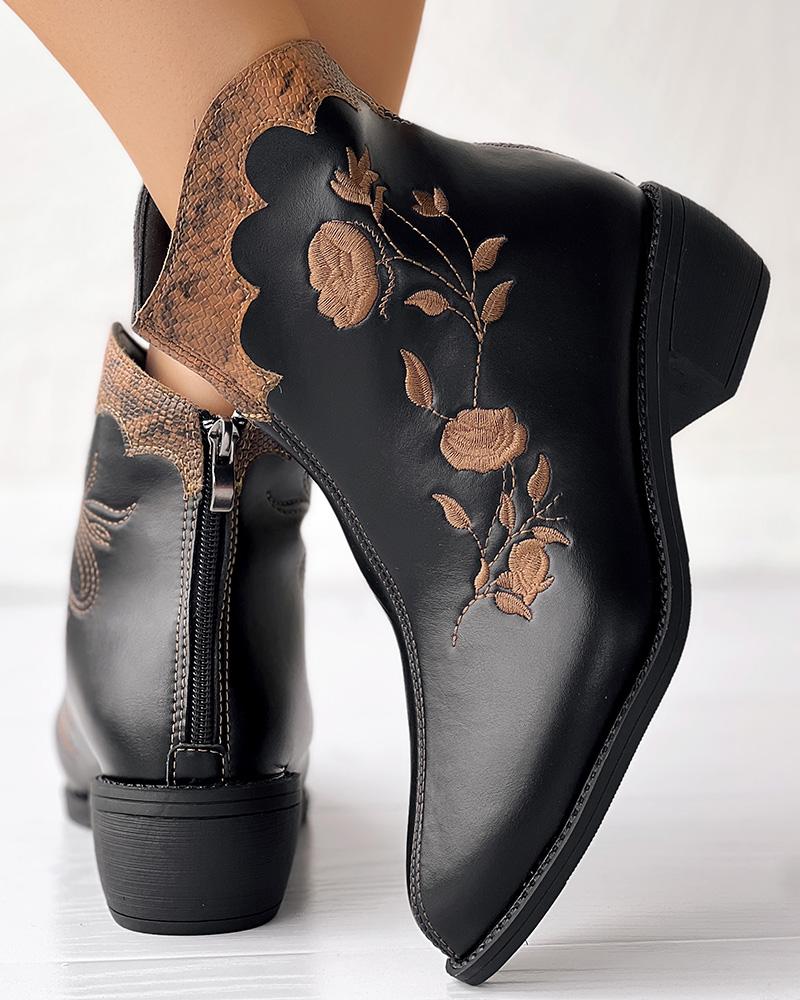 Floral Embroidery Colorblock Zipper Back Ankle Boots