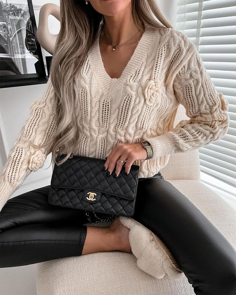 Long Sleeve V-Neck Cable Knit Sweater