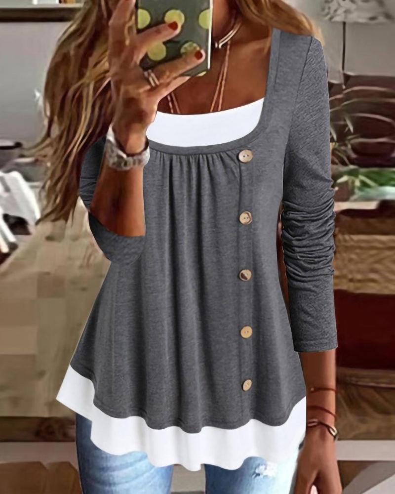 Patchwork Button Decor Long Sleeve Top