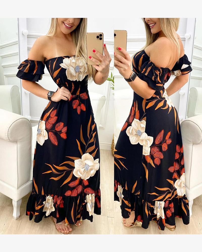 Floral Print Off Shoulder Short Sleeve Ruffle Hem Maxi Dress