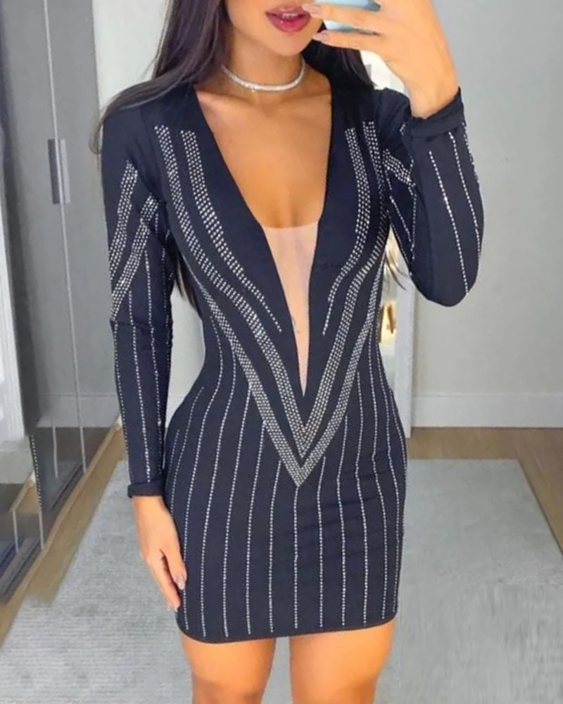 Long Sleeve Rhinestone Sheer Mesh Bodycon Dress