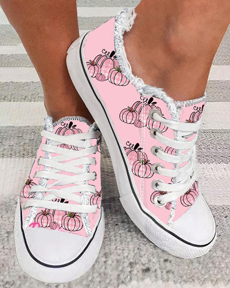 Halloween Pumpkin Print Raw Hem Lace-up Sneakers